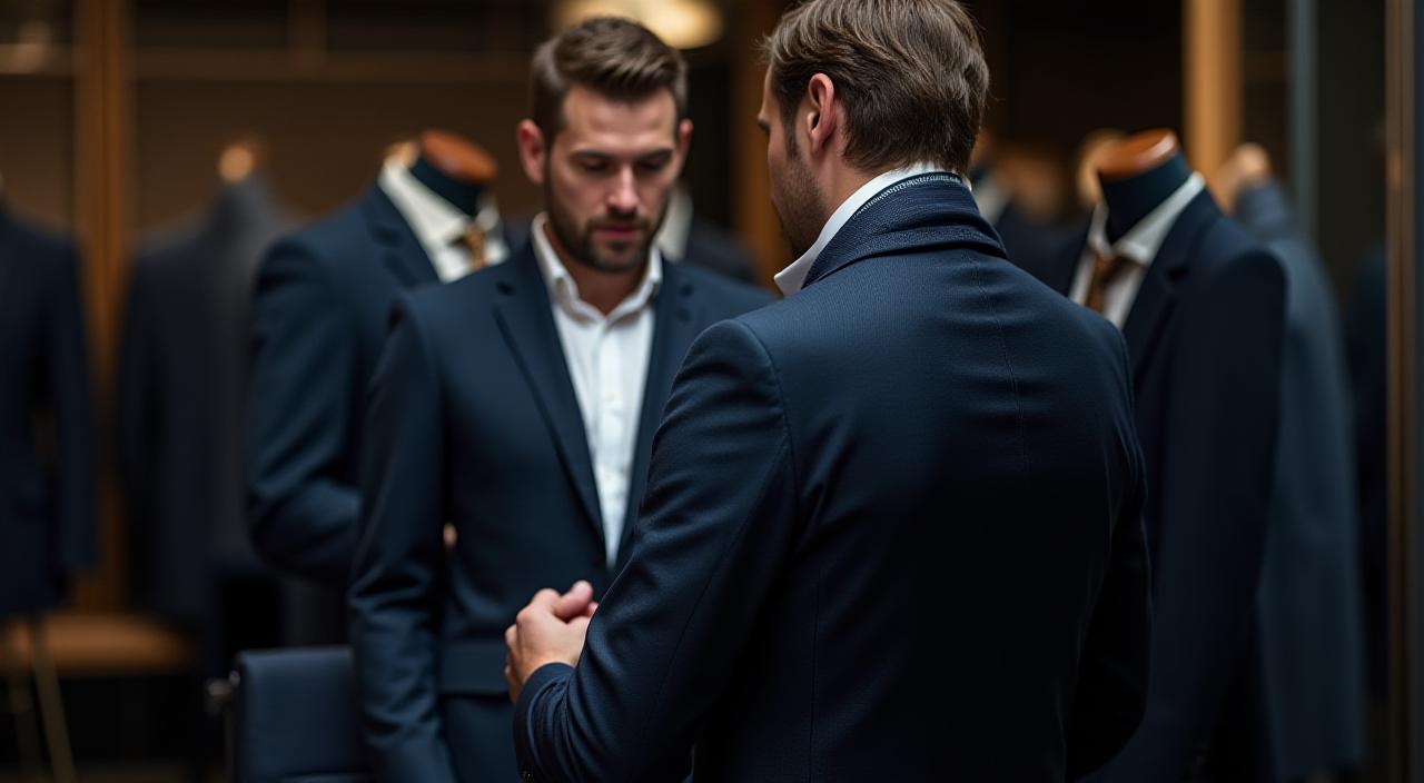 A master tailor measuring a client for a bespoke suit in a luxury studio