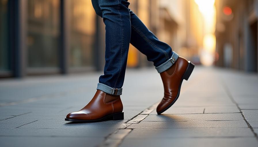 A man wearing dark raw denim and leather boots walking on a city street
