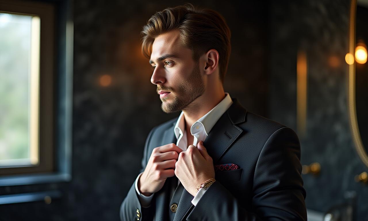 A sophisticated man performing his morning grooming routine in a luxury bathroom
