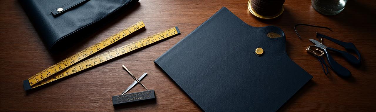 Bespoke tailoring tools and blueprints on a dark wooden desk, representing precision and care