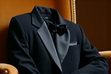 A tuxedo and formal event attire laid out on a plush chair