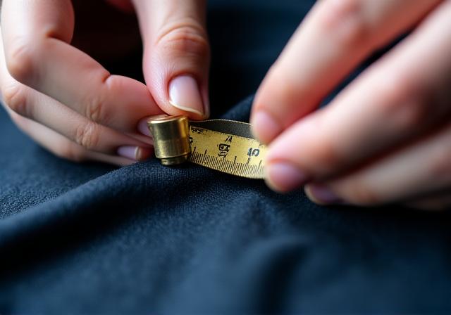 Close up of tailor's hands using a measuring tape on luxury fabric