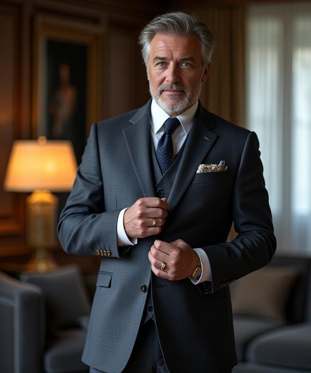 Sophisticated man in a perfectly tailored charcoal suit adjusting his cufflink